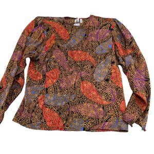 Adrianna Papell Blouse Women 4 Black Red Paisley Woven Check Silk VTG 80s‎ Party